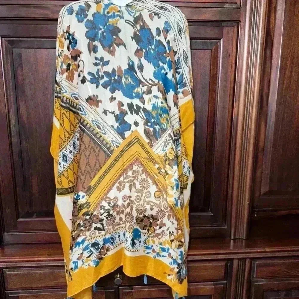 Woven Heart Bohemian Tunic Caftan Summer Lightweight One Size Yellow Blue - Picture 7 of 12